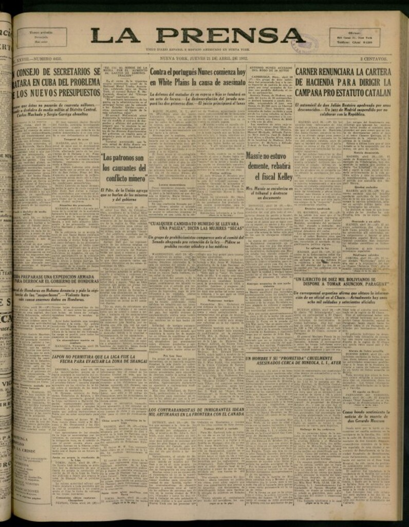 Miniatura de La Prensa: único diario español e hispano americano en Nueva York del 21 de abril de 1932, nº 4455