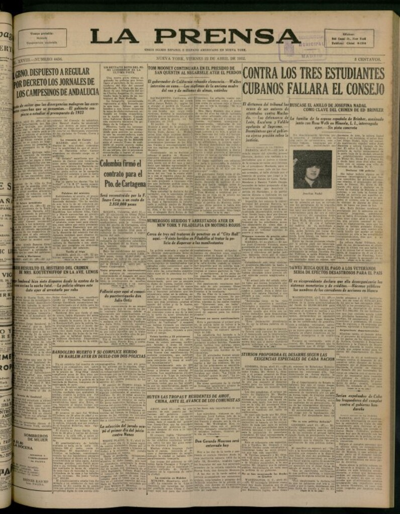 Miniatura de La Prensa: único diario español e hispano americano en Nueva York del 22 de abril de 1932, nº 4456
