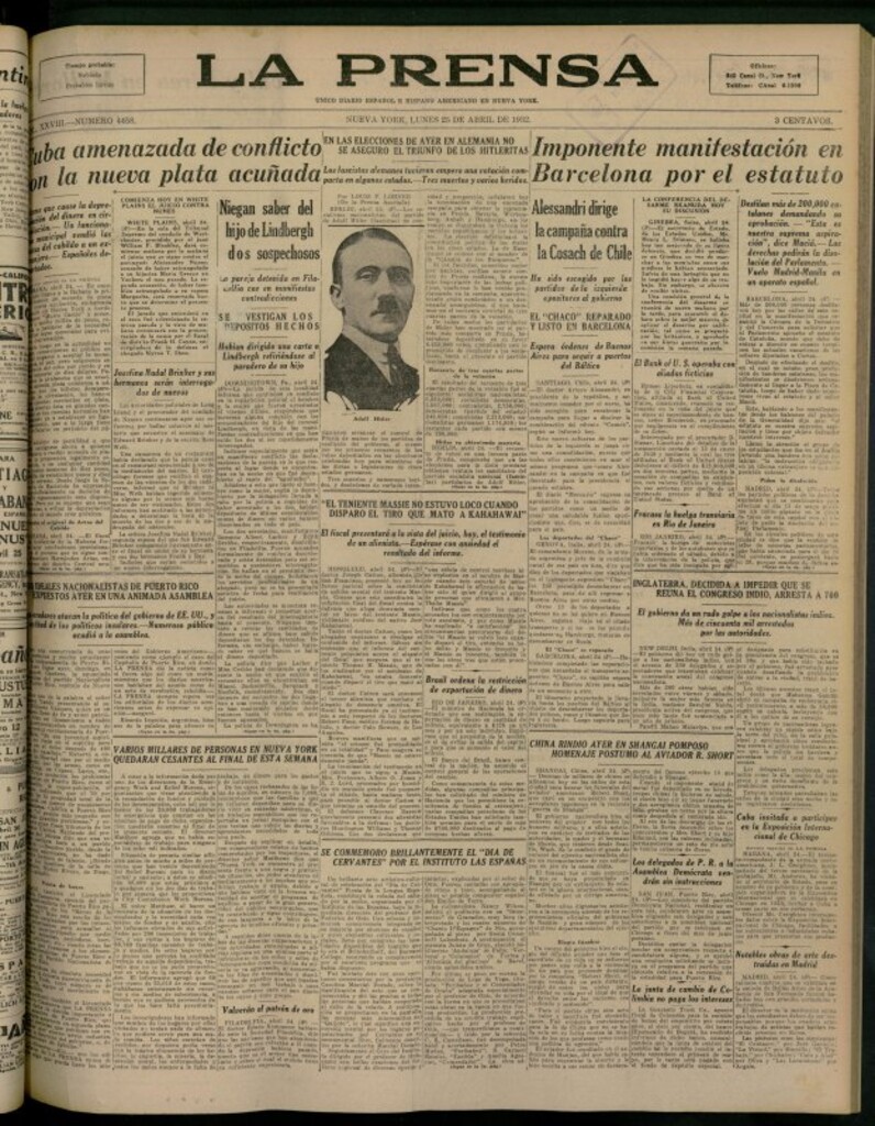 Miniatura de La Prensa: único diario español e hispano americano en Nueva York del 25 de abril de 1932, nº 4458
