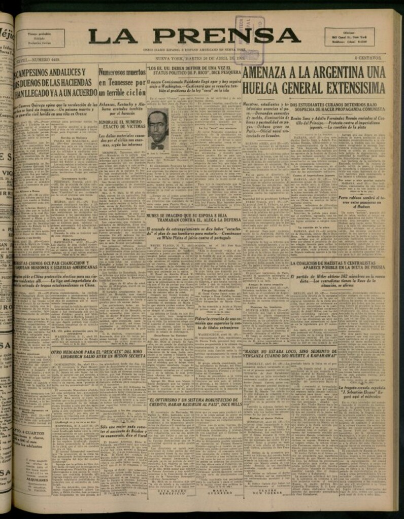 Miniatura de La Prensa: único diario español e hispano americano en Nueva York del 26 de abril de 1932, nº 4459