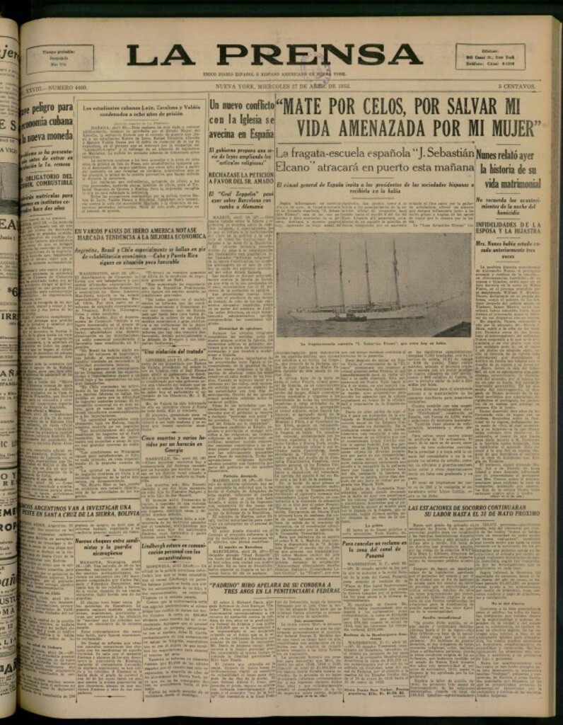 Miniatura de La Prensa: único diario español e hispano americano en Nueva York del 27 de abril de 1932, nº 4460