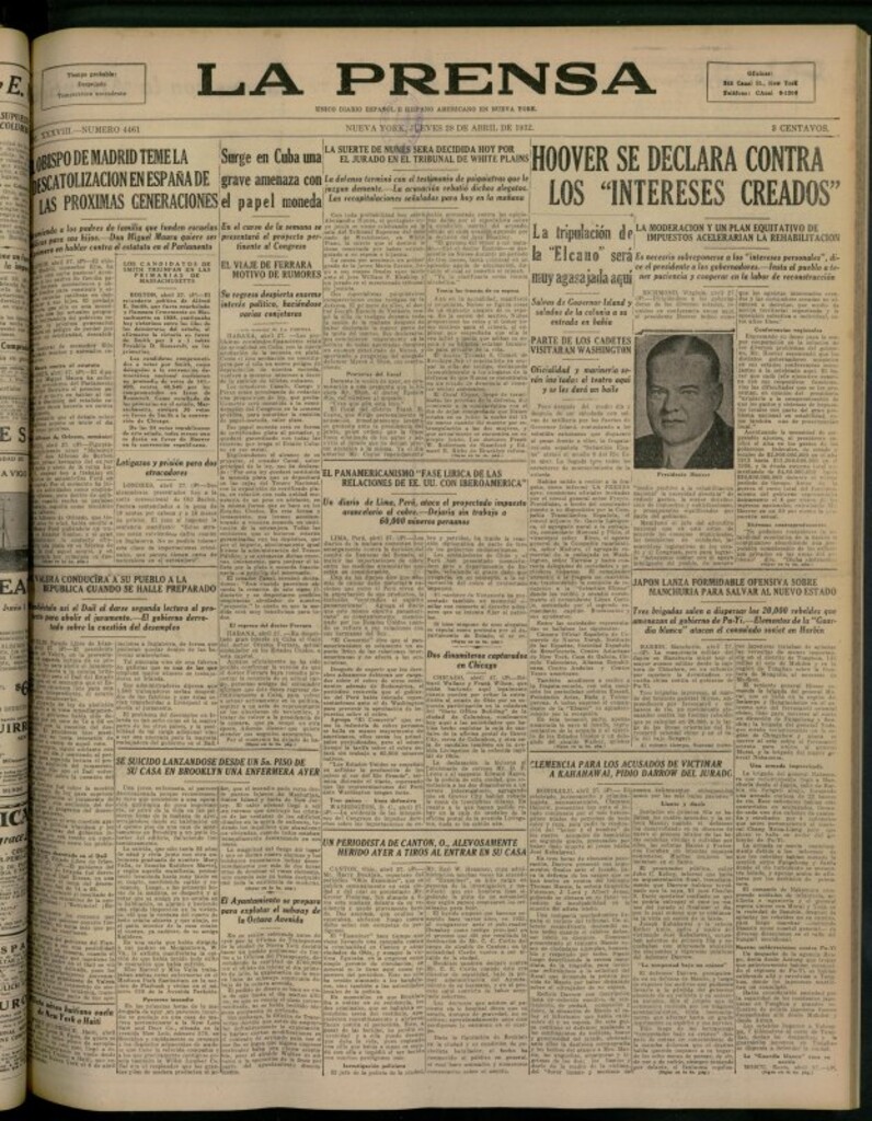 Miniatura de La Prensa: único diario español e hispano americano en Nueva York del 28 de abril de 1932, nº 4461