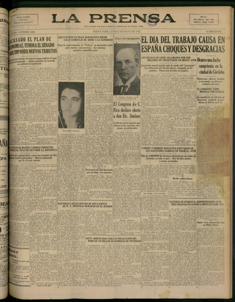 Miniatura de La Prensa: único diario español e hispano americano en Nueva York del 2 de mayo de 1932, nº 4464