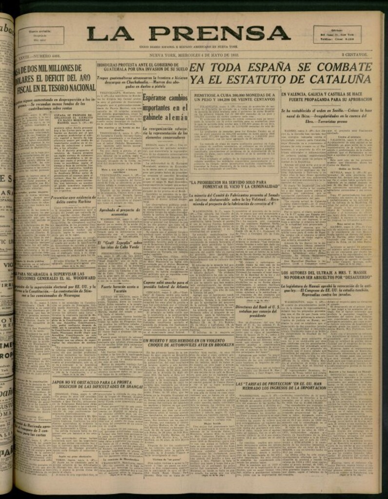 Miniatura de La Prensa: único diario español e hispano americano en Nueva York del 4 de mayo de 1932, nº 4466