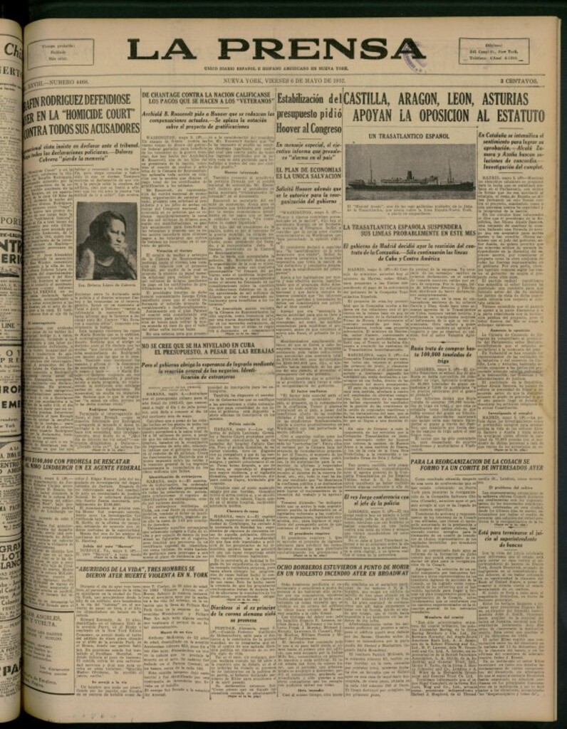 Miniatura de La Prensa: único diario español e hispano americano en Nueva York del 6 de mayo de 1932, nº 4468