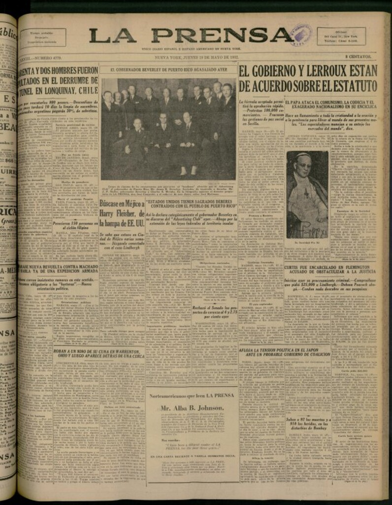 Miniatura de La Prensa: único diario español e hispano americano en Nueva York del 19 de mayo de 1932, nº 4779