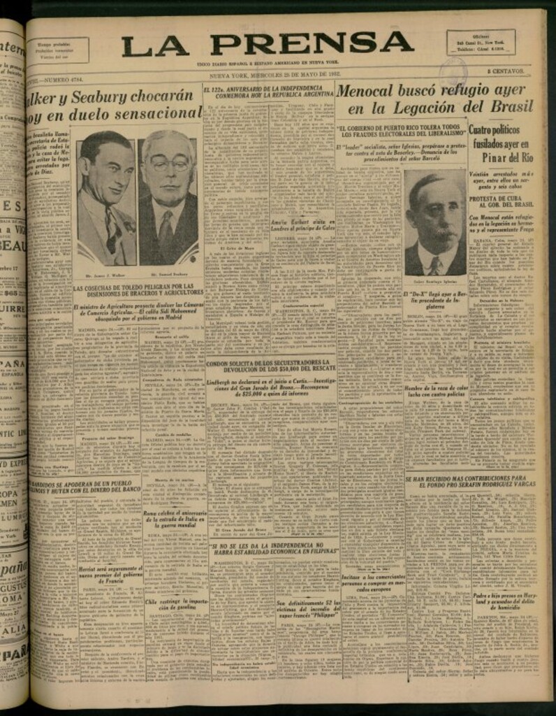 Miniatura de La Prensa: único diario español e hispano americano en Nueva York del 25 de mayo de 1932, nº 4784