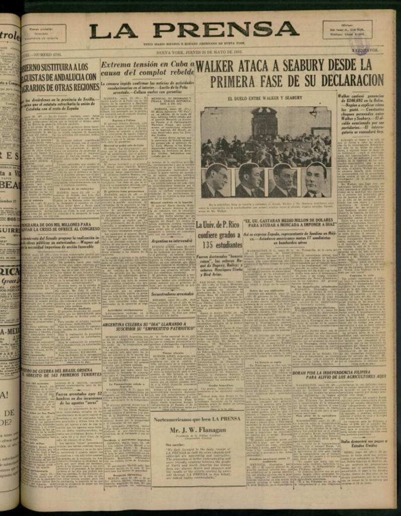 Miniatura de La Prensa: único diario español e hispano americano en Nueva York del 26 de mayo de 1932, nº 4785