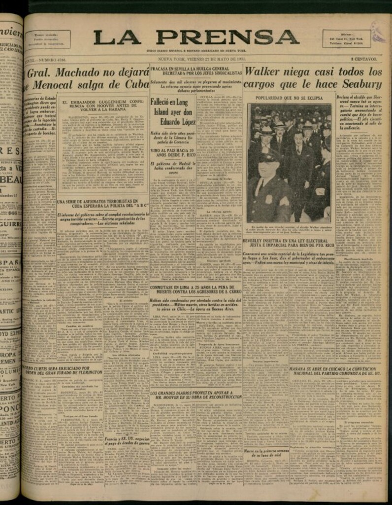 Miniatura de La Prensa: único diario español e hispano americano en Nueva York del 27 de mayo de 1932, nº 4786