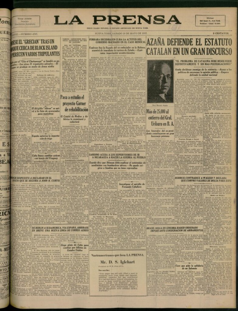 Miniatura de La Prensa: único diario español e hispano americano en Nueva York del 28 de mayo de 1932, nº 4787