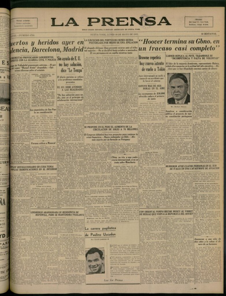 Miniatura de La Prensa: único diario español e hispano americano en Nueva York del 30 de mayo de 1932, nº 4788