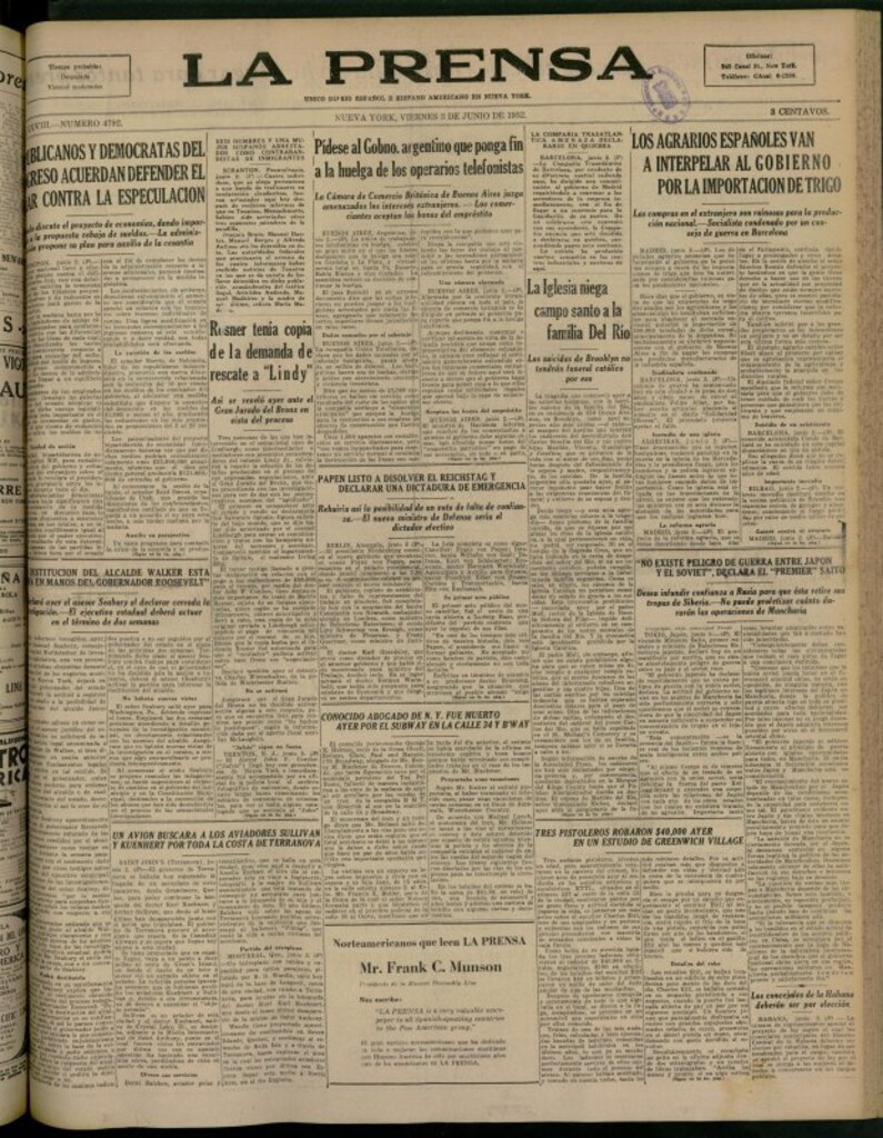 Miniatura de La Prensa: único diario español e hispano americano en Nueva York del 3 de junio de 1932, nº 4792