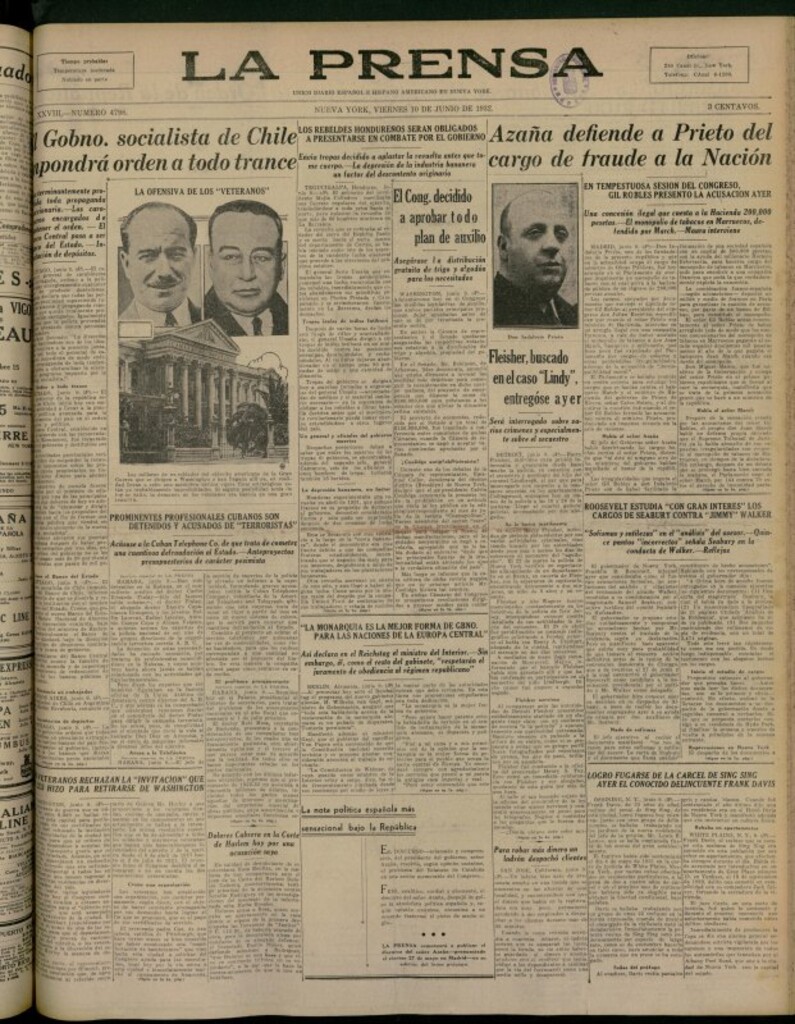 Miniatura de La Prensa: único diario español e hispano americano en Nueva York del 10 de junio de 1932, nº 4798