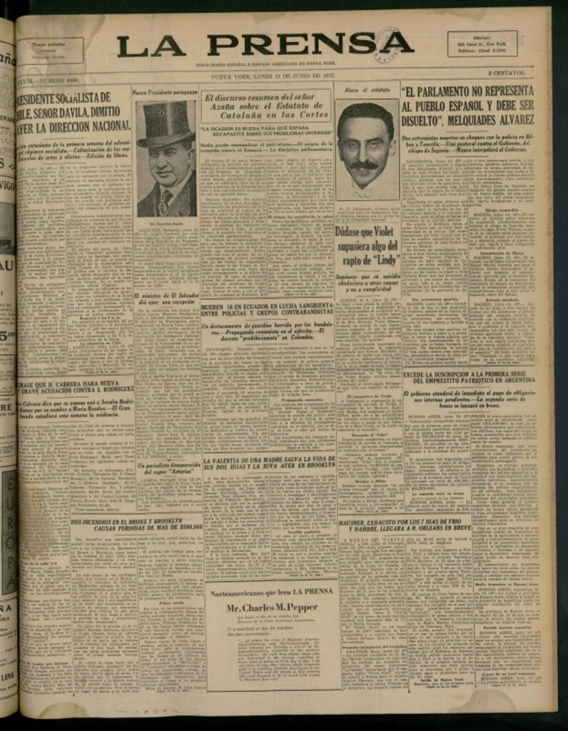 Miniatura de La Prensa: único diario español e hispano americano en Nueva York del 13 de junio de 1932, nº 4800
