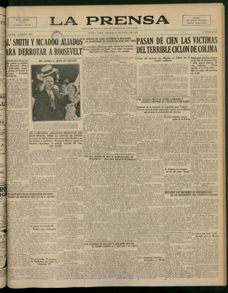Miniatura de La Prensa: único diario español e hispano americano en Nueva York del 24 de junio de 1932, nº 4808