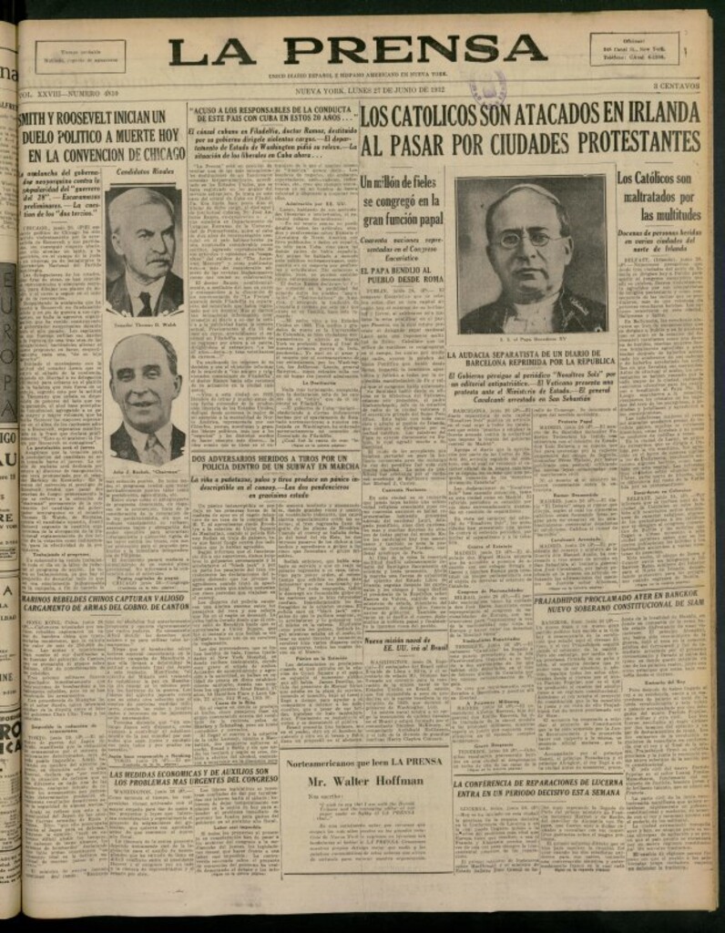 Miniatura de La Prensa: único diario español e hispano americano en Nueva York del 27 de junio de 1932, nº 4810