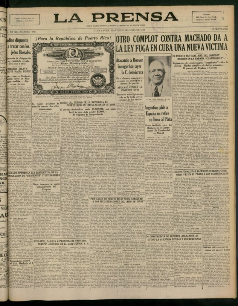 Miniatura de La Prensa: único diario español e hispano americano en Nueva York del 28 de junio de 1932, nº 4811