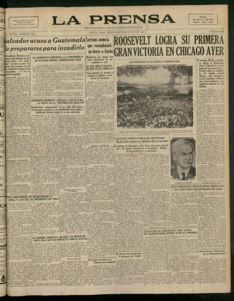 Miniatura de La Prensa: único diario español e hispano americano en Nueva York del 29 de junio de 1932, nº 4812