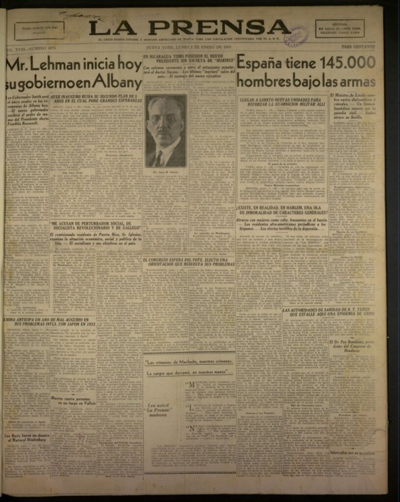 Miniatura de La Prensa: único diario español e hispano americano en Nueva York del 2 de enero de 1933, nº 4971