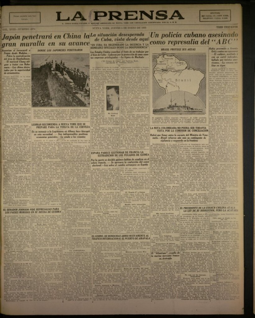 Miniatura de La Prensa: único diario español e hispano americano en Nueva York del 5 de enero de 1933, nº 4974