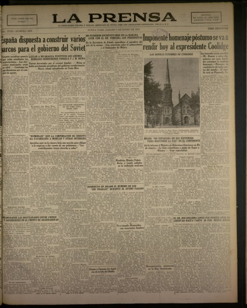 Miniatura de La Prensa: único diario español e hispano americano en Nueva York del 7 de enero de 1933, nº 4976