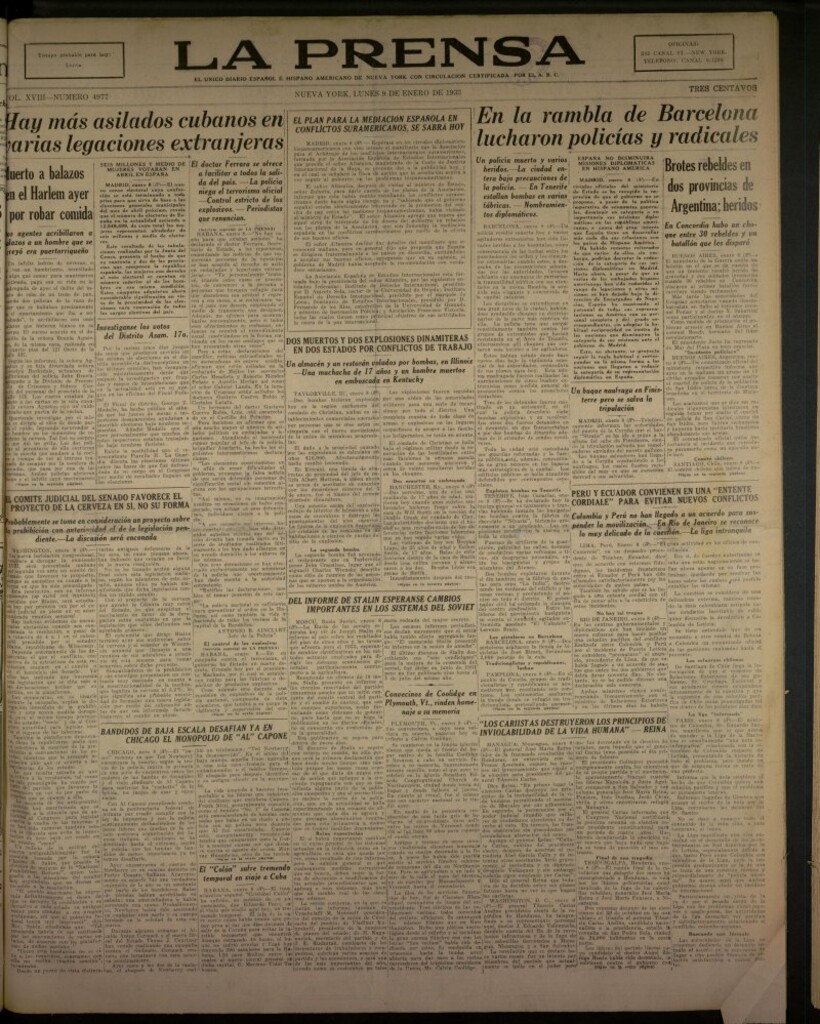 Miniatura de La Prensa: único diario español e hispano americano en Nueva York del 9 de enero de 1933, nº 4977