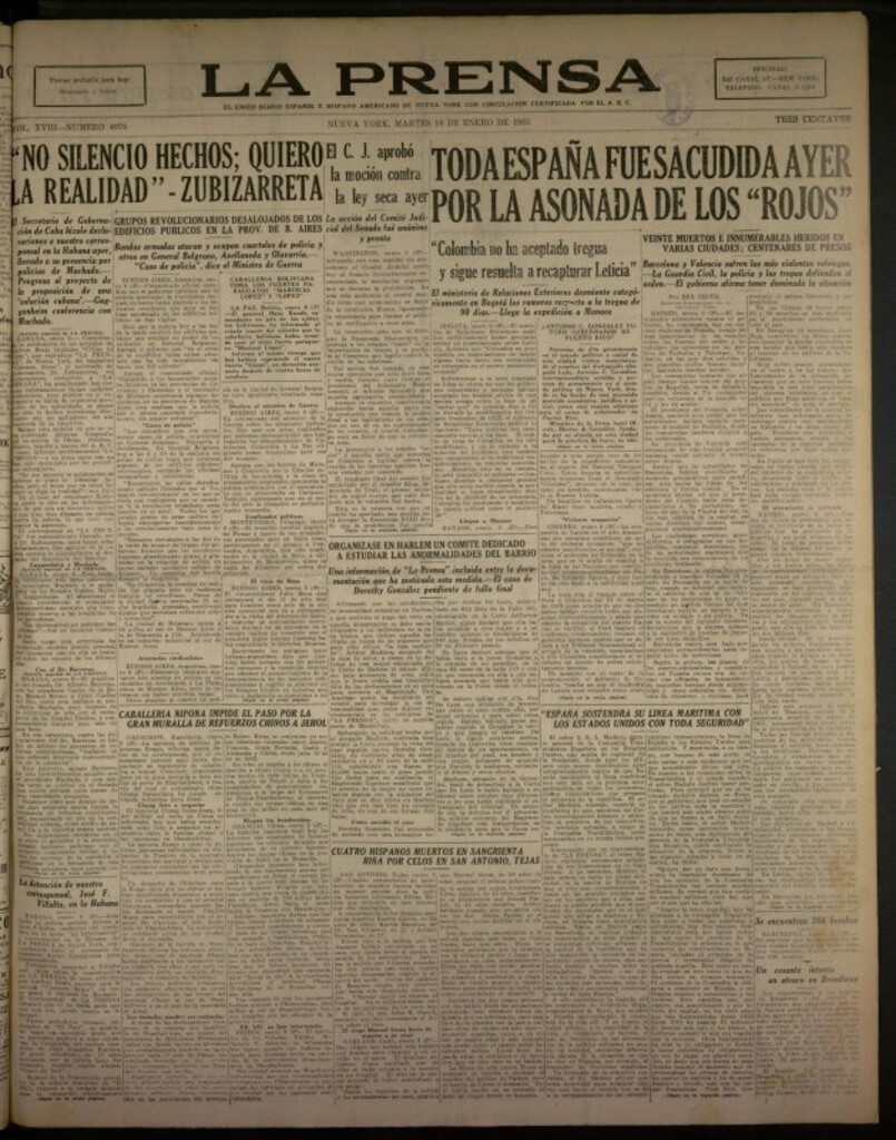 Miniatura de La Prensa: único diario español e hispano americano en Nueva York del 10 de enero de 1933, nº 4978