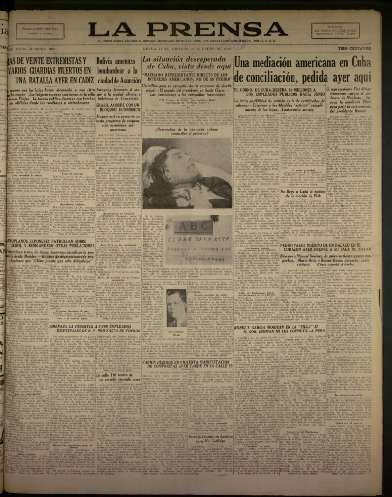 Miniatura de La Prensa: único diario español e hispano americano en Nueva York del 13 de enero de 1933, nº 4981