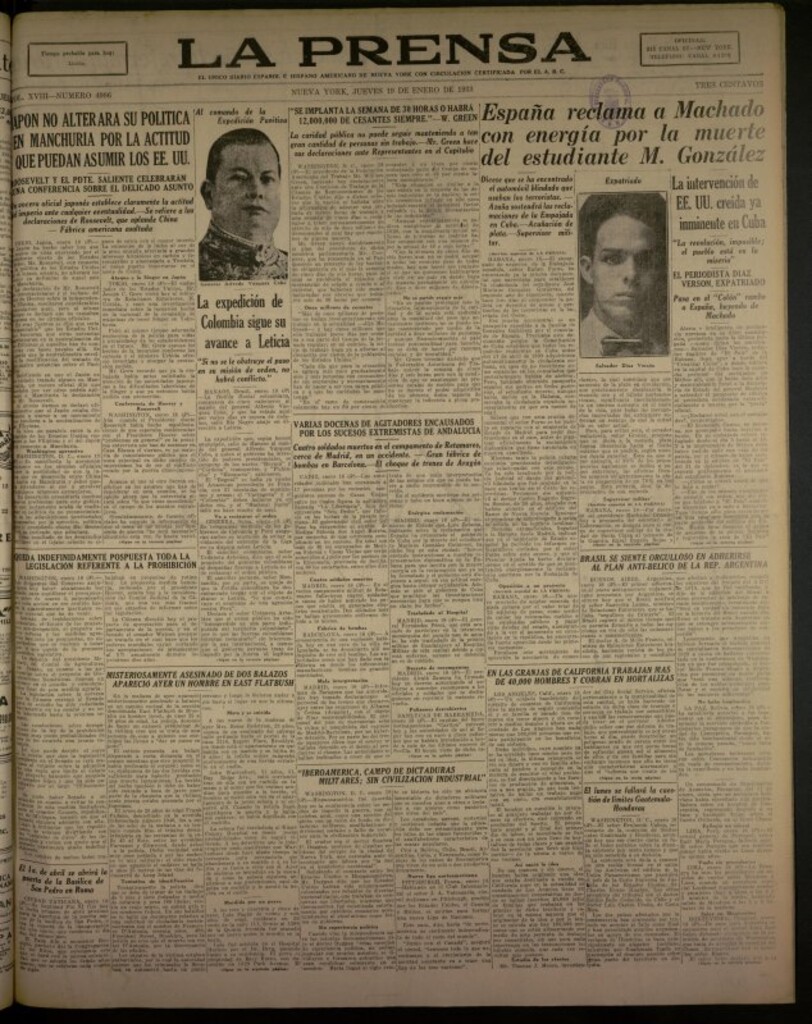 Miniatura de La Prensa: único diario español e hispano americano en Nueva York del 19 de enero de 1933, nº 4986