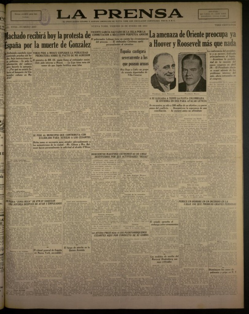 Miniatura de La Prensa: único diario español e hispano americano en Nueva York del 20 de enero de 1933, nº 4987
