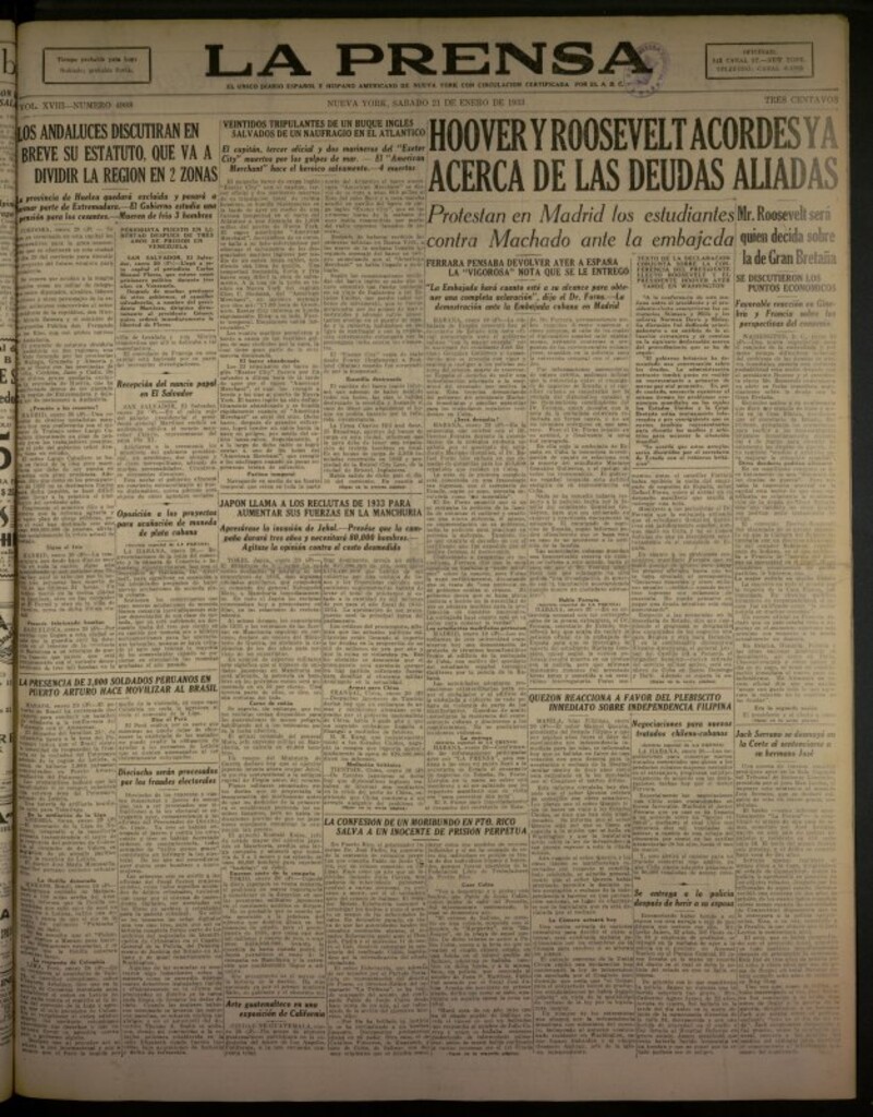 Miniatura de La Prensa: único diario español e hispano americano en Nueva York del 21 de enero de 1933, nº 4988