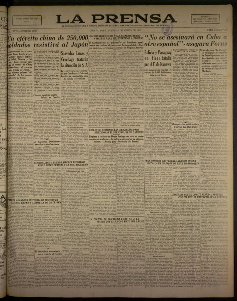 Miniatura de La Prensa: único diario español e hispano americano en Nueva York del 23 de enero de 1933, nº 4989