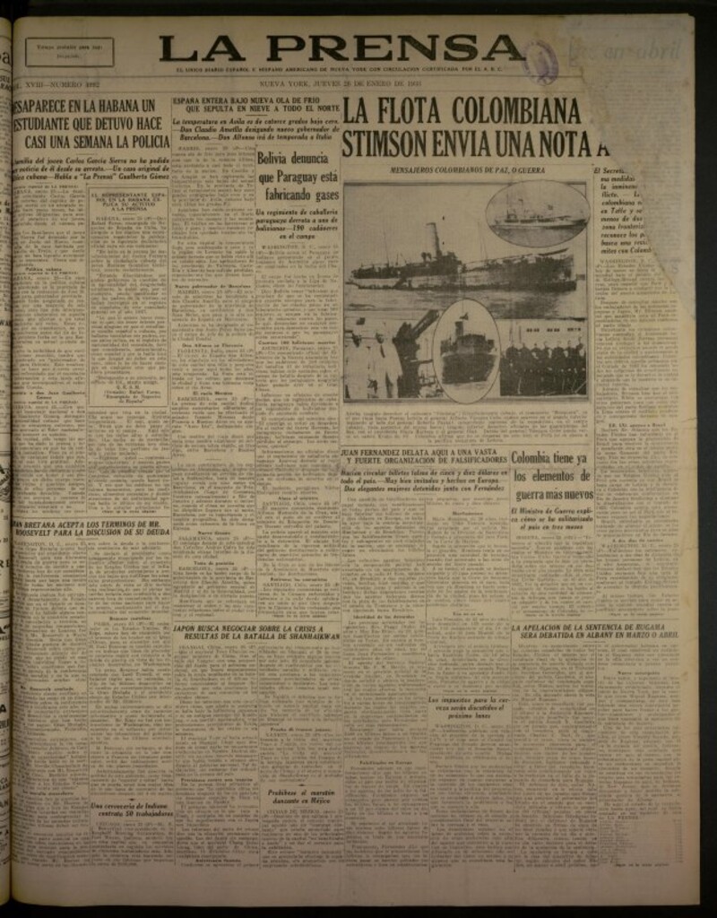 Miniatura de La Prensa: único diario español e hispano americano en Nueva York del 26 de enero de 1933, nº 4992