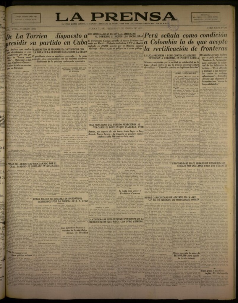 Miniatura de La Prensa: único diario español e hispano americano en Nueva York del 27 de enero de 1933, nº 4993