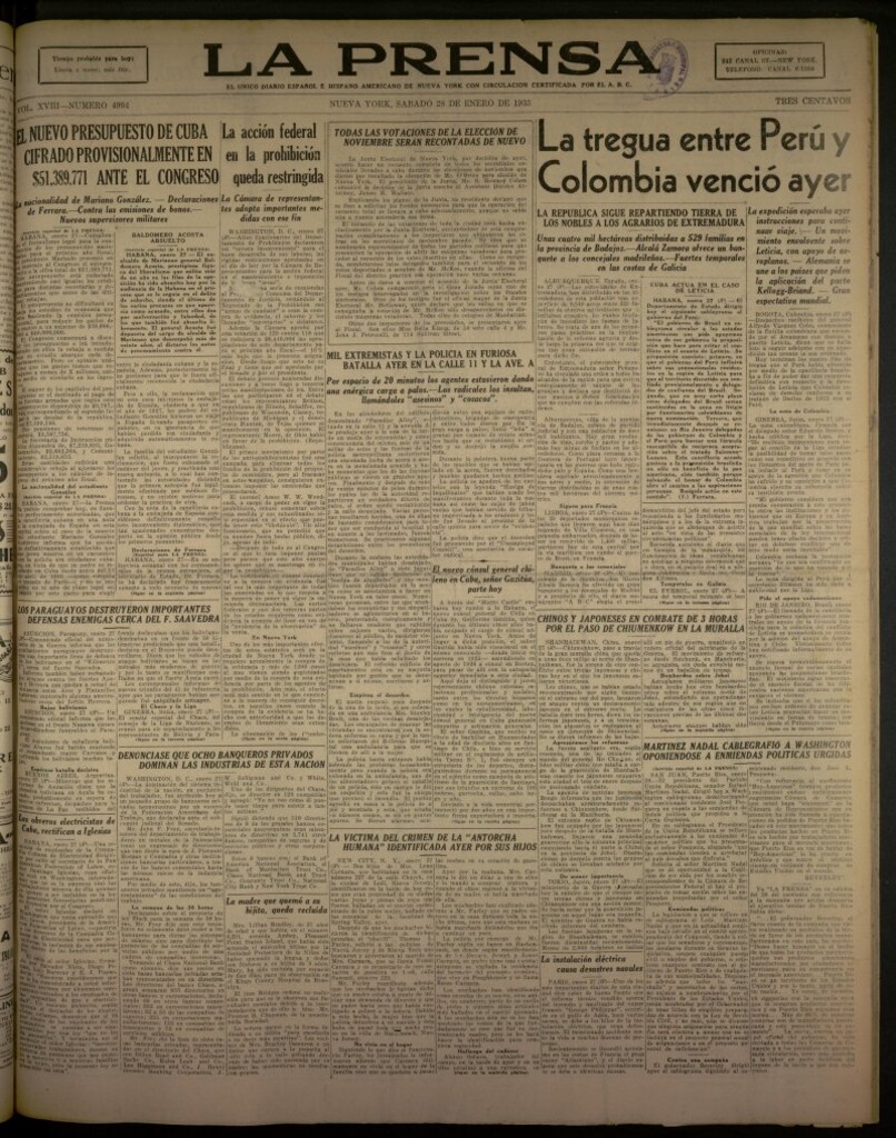 Miniatura de La Prensa: único diario español e hispano americano en Nueva York del 28 de enero de 1933, nº 4994
