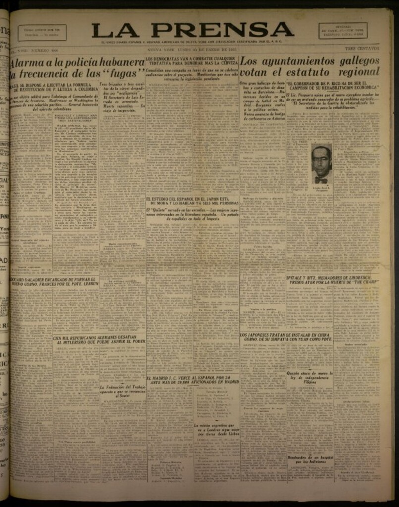 Miniatura de La Prensa: único diario español e hispano americano en Nueva York del 30 de enero de 1933, nº 4995