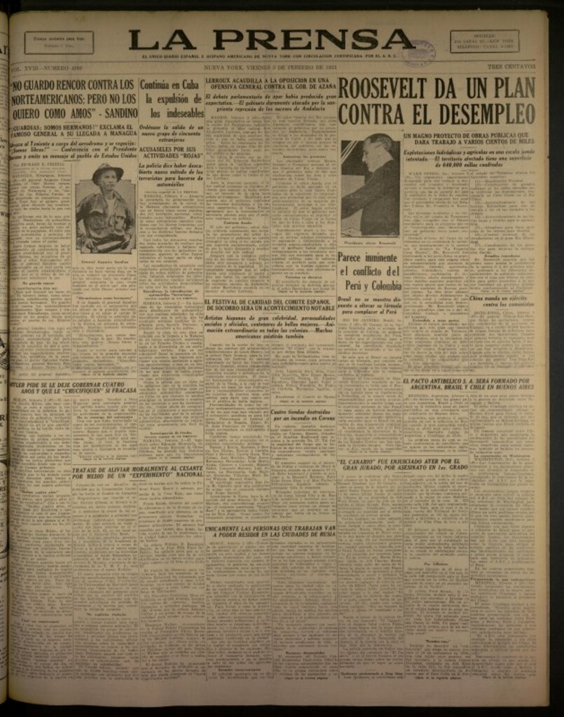 Miniatura de La Prensa: único diario español e hispano americano en Nueva York del 3 de febrero de 1933, nº 4999