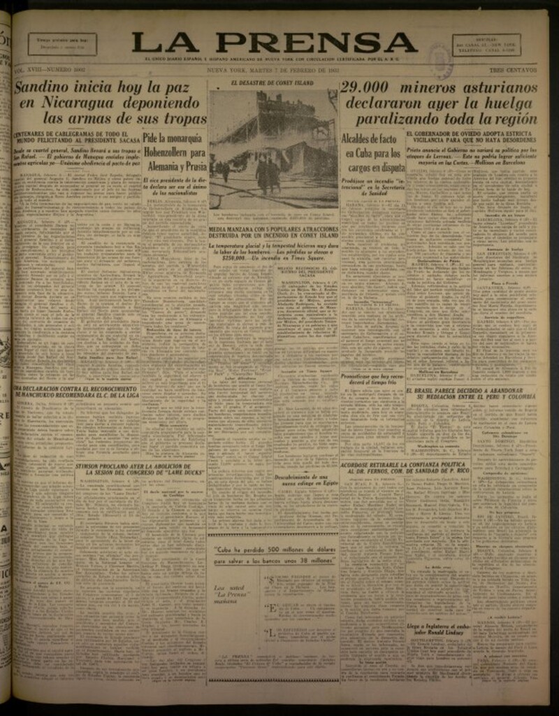 Miniatura de La Prensa: único diario español e hispano americano en Nueva York del 7 de febrero de 1933, nº 5002
