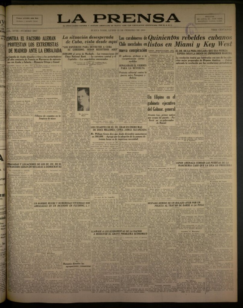 Miniatura de La Prensa: único diario español e hispano americano en Nueva York del 13 de febrero de 1933, nº 5007