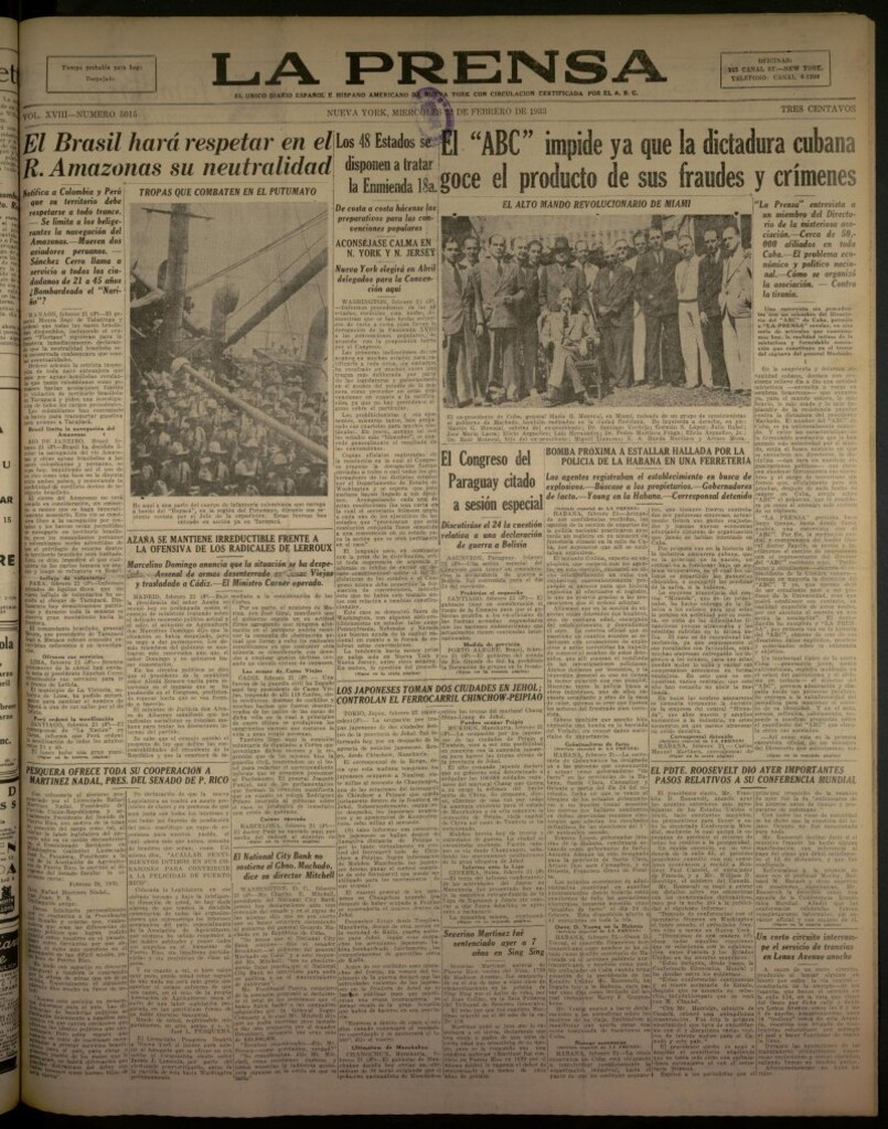 Miniatura de La Prensa: único diario español e hispano americano en Nueva York del 22 de febrero de 1933, nº 5015