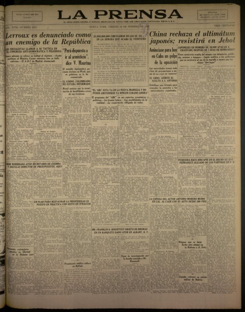 Miniatura de La Prensa: único diario español e hispano americano en Nueva York del 24 de febrero de 1933, nº 5017