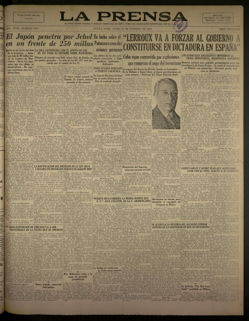 Miniatura de La Prensa: único diario español e hispano americano en Nueva York del 27 de febrero de 1933, nº 5019