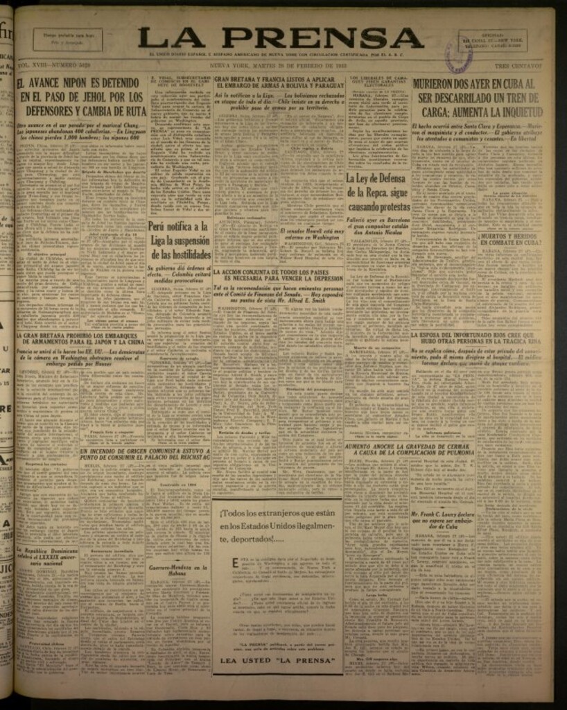 Miniatura de La Prensa: único diario español e hispano americano en Nueva York del 28 de febrero de 1933, nº 5020