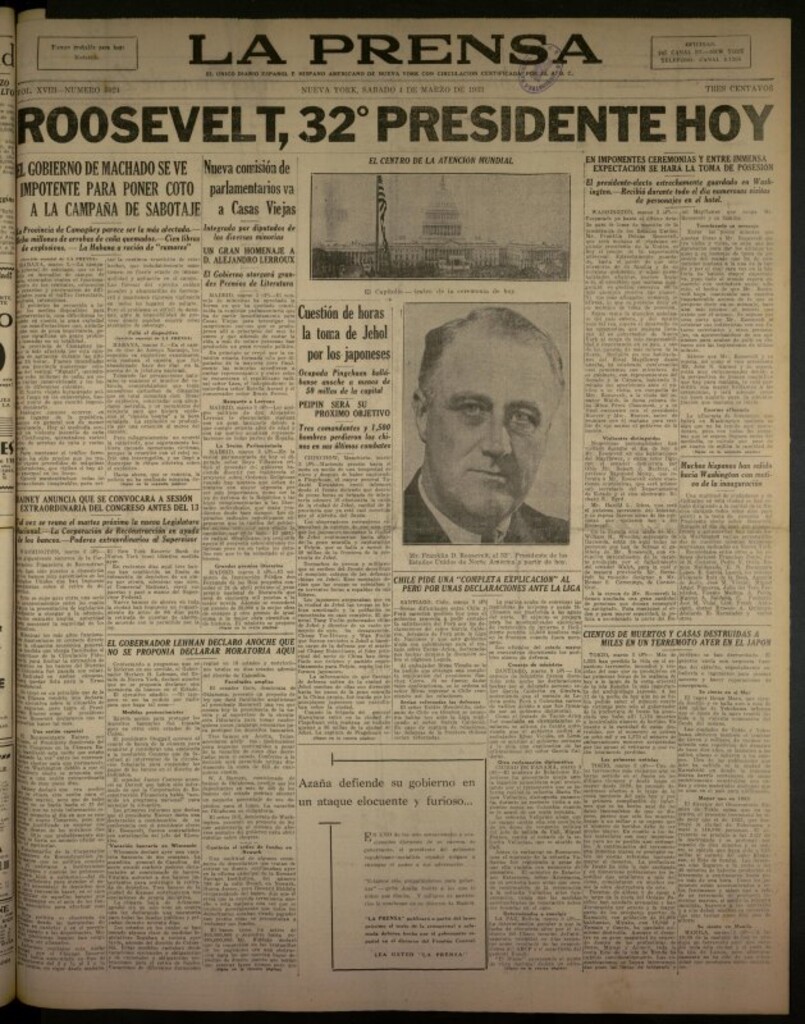 Miniatura de La Prensa: único diario español e hispano americano en Nueva York del 4 de marzo de 1933, nº 5024