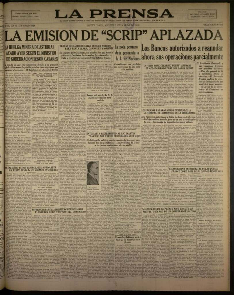 Miniatura de La Prensa: único diario español e hispano americano en Nueva York del 7 de marzo de 1933, nº 5026
