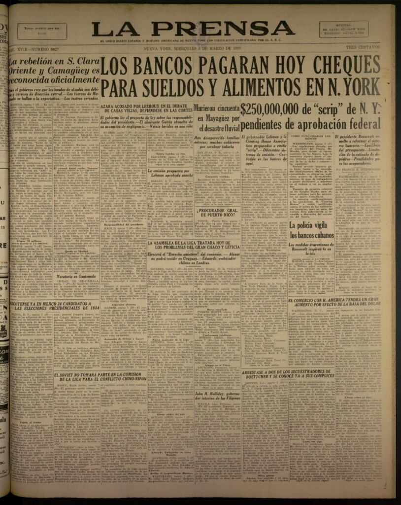 Miniatura de La Prensa: único diario español e hispano americano en Nueva York del 8 de marzo de 1933, nº 5027