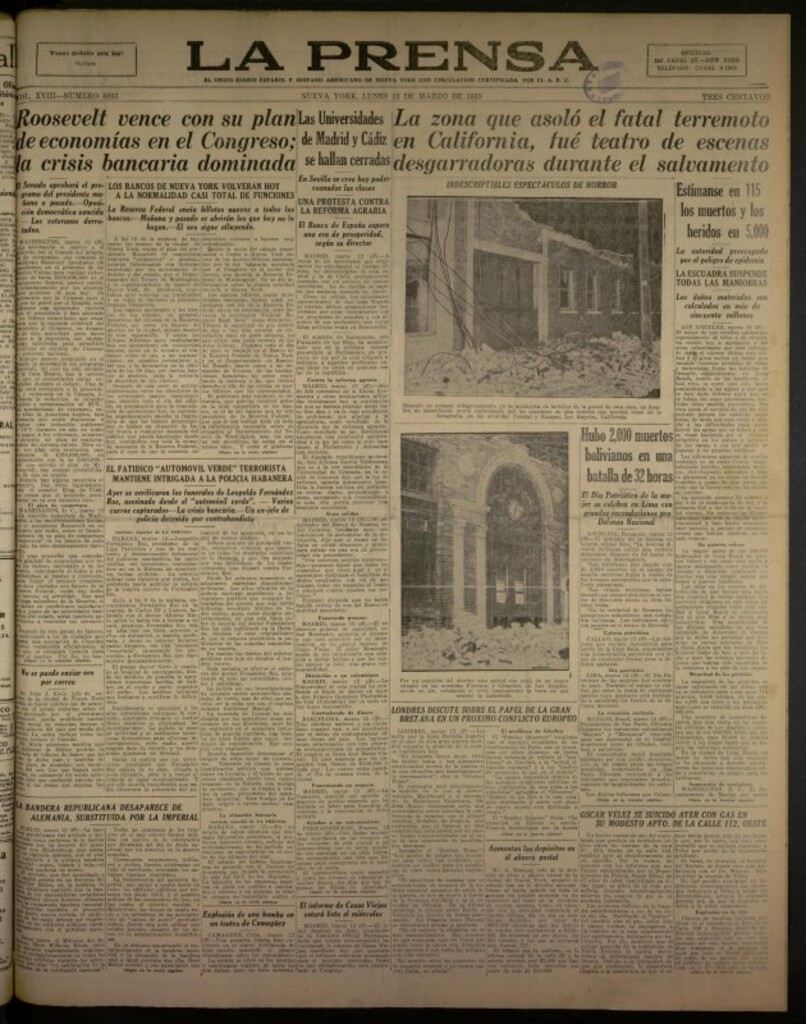 Miniatura de La Prensa: único diario español e hispano americano en Nueva York del 13 de marzo de 1933, nº 5031