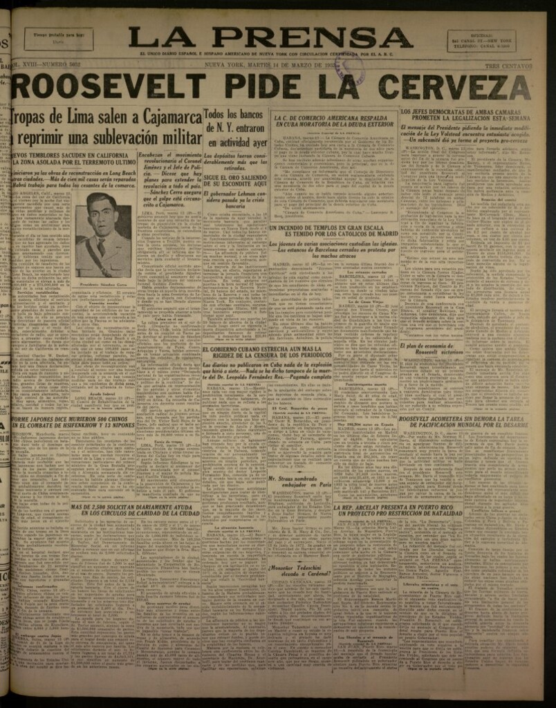 Miniatura de La Prensa: único diario español e hispano americano en Nueva Yor, de 14 de marzo de 1933, nº 5032