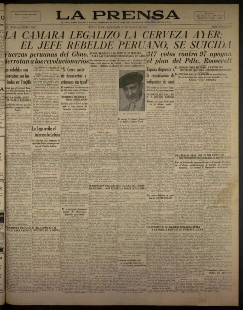 Miniatura de La Prensa: único diario español e hispano americano en Nueva York del 15 de marzo de 1933, nº 5033
