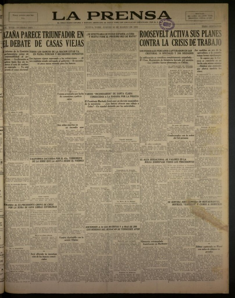 Miniatura de La Prensa: único diario español e hispano americano en Nueva York del 16 de marzo de 1933, nº 5034